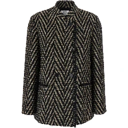 Black Oversized Jacket with Chevron Motif and Micro Sequins in Tech Fabric for Women