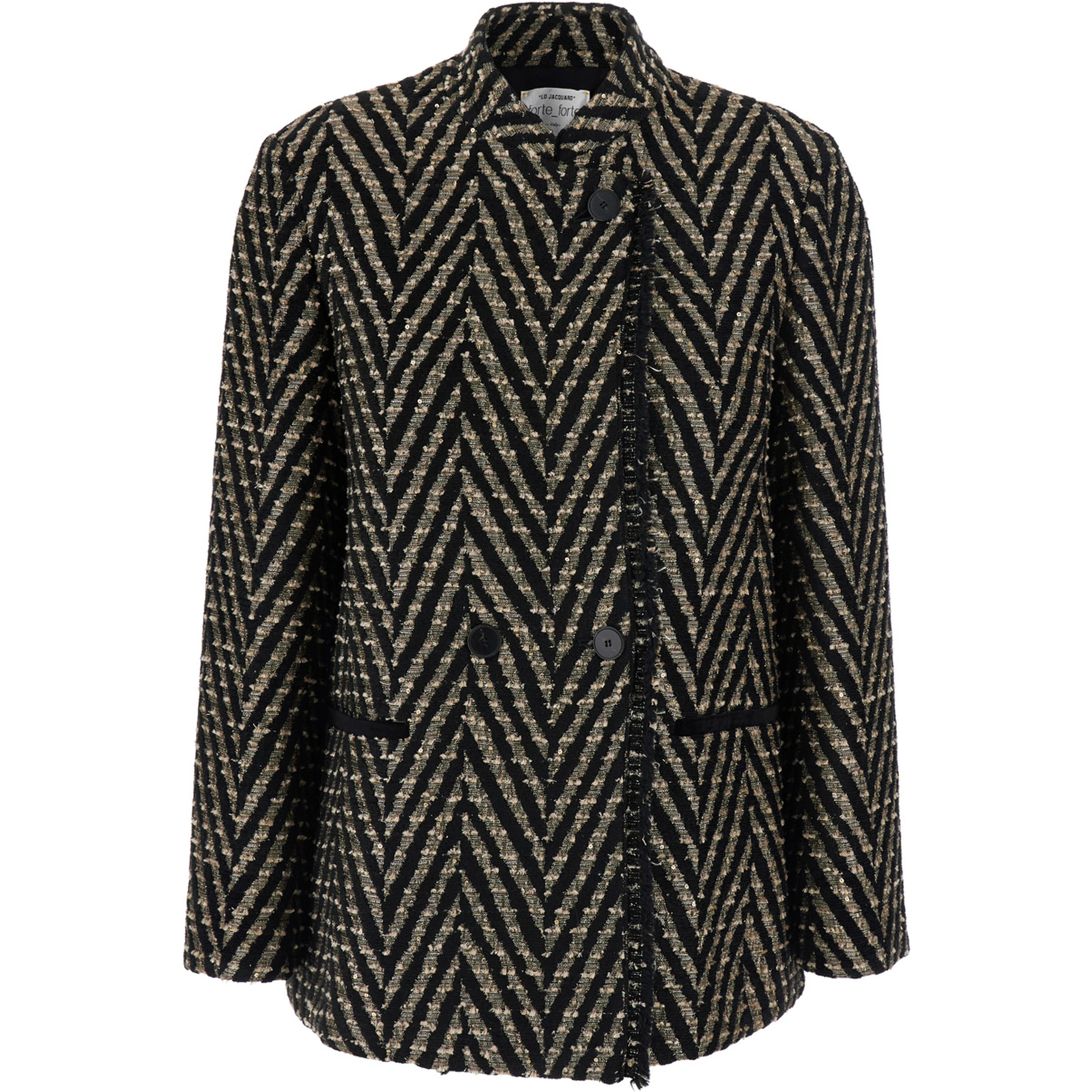 Black Oversized Jacket with Chevron Motif and Micro Sequins in Tech Fabric for Women