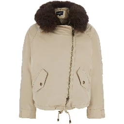 Beige fur coat with removable fur collar and off-centre front closure in Tech Fabric for women