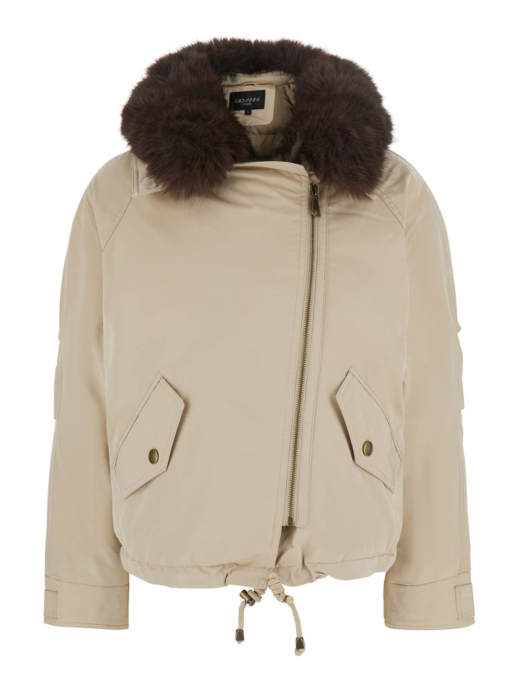 Beige fur coat with removable fur collar and off-centre front closure in Tech Fabric for women