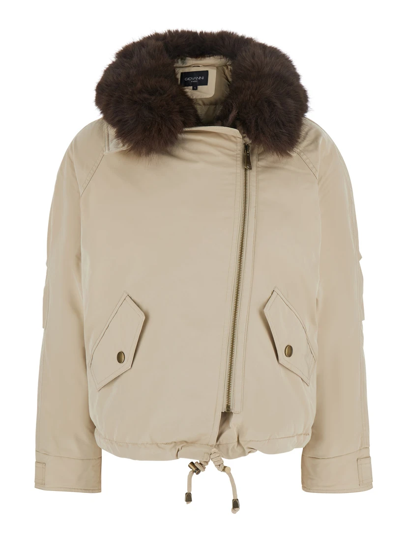 Beige fur coat with removable fur collar and off-centre front closure in Tech Fabric for women