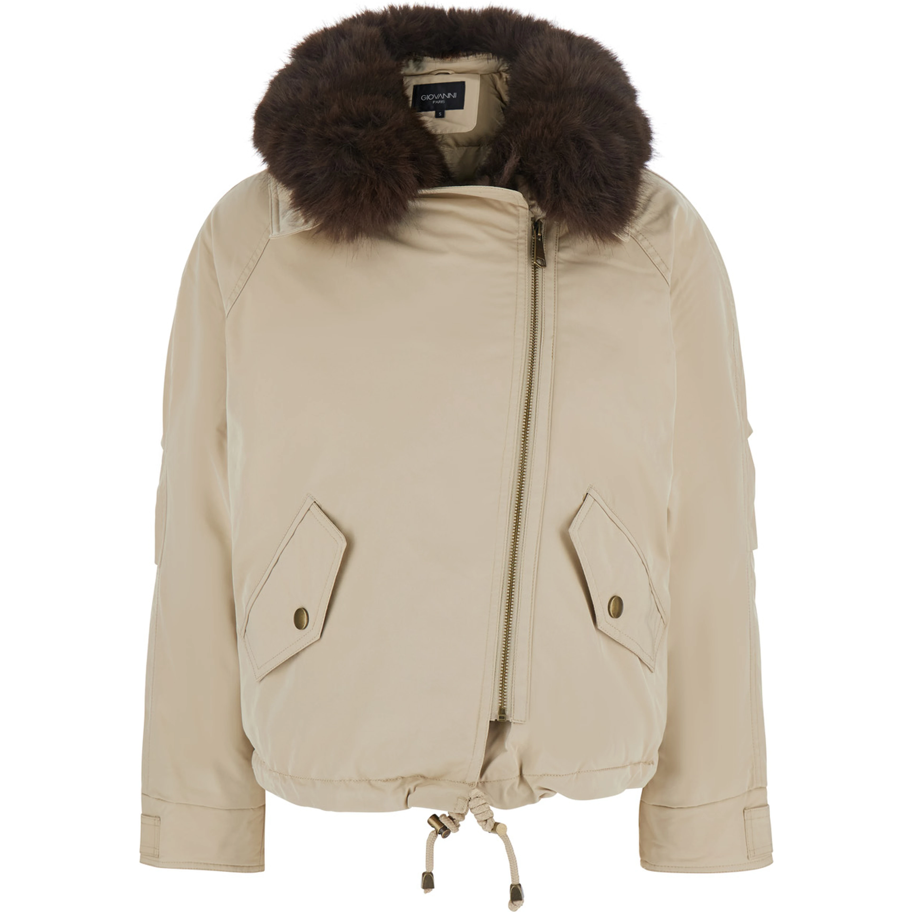 Beige fur coat with removable fur collar and off-centre front closure in Tech Fabric for women