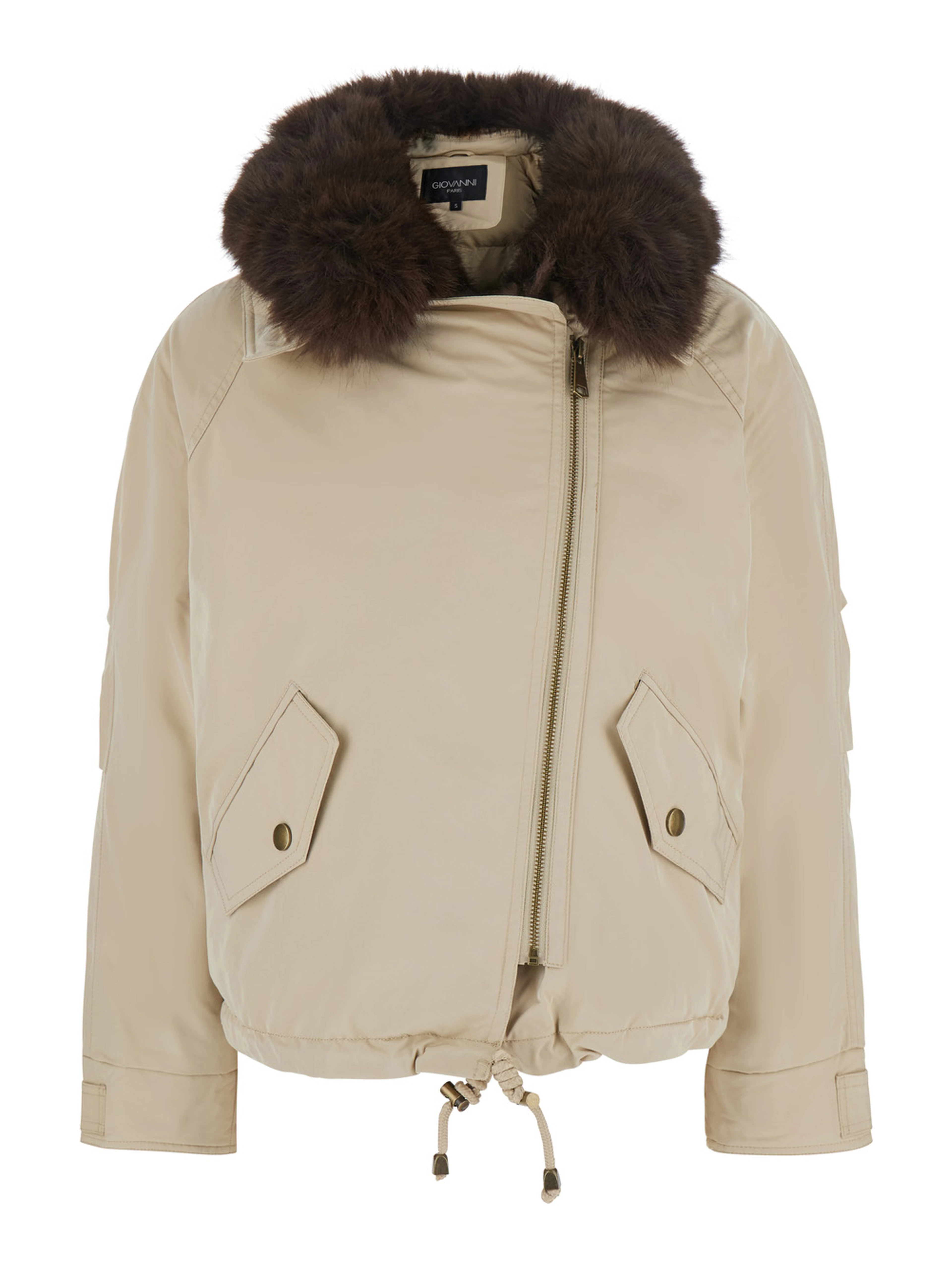 Beige fur coat with removable fur collar and off-centre front closure in Tech Fabric for women