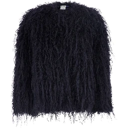 Black crew neck shearling jacket with hidden front closure in ecofur for women