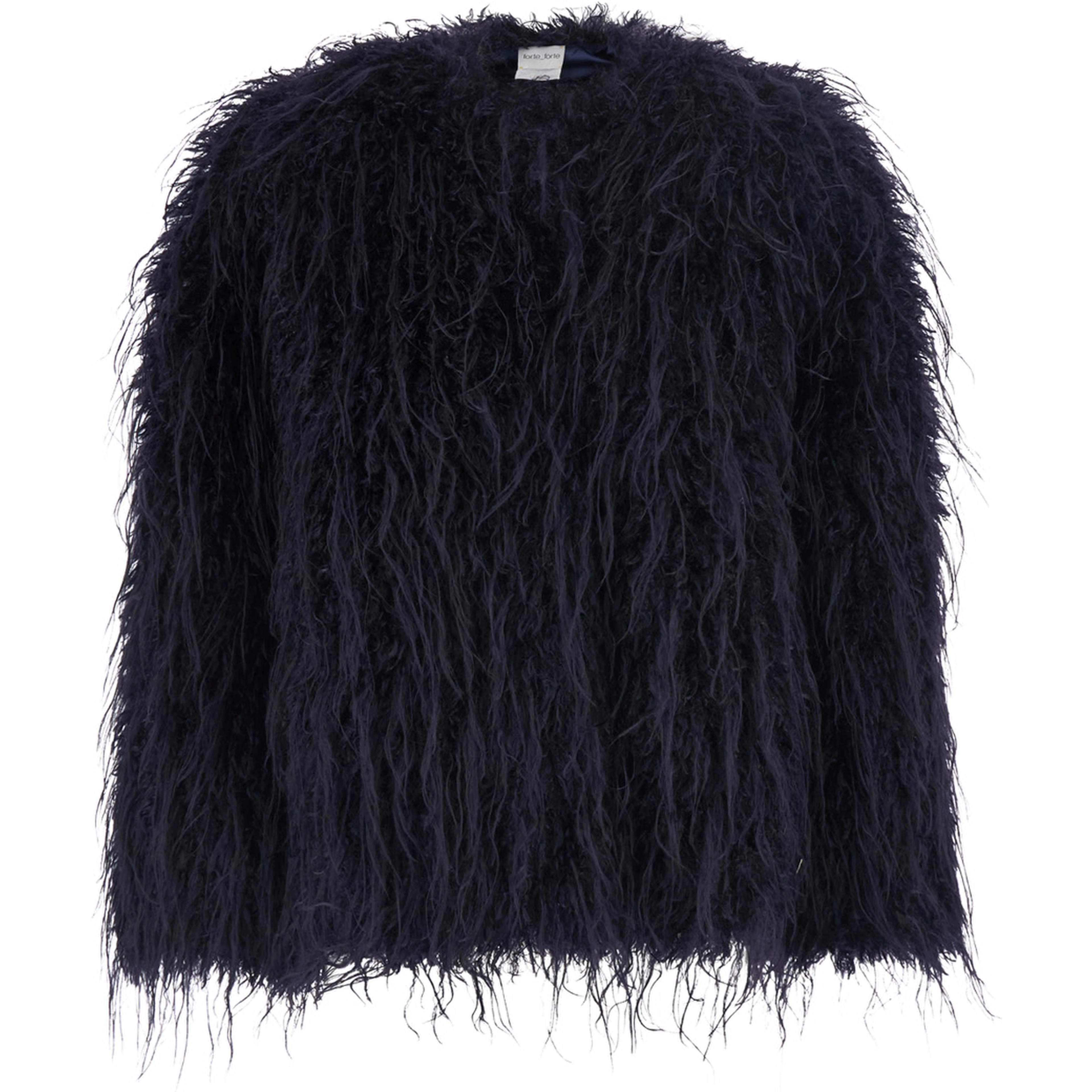 Black crew neck shearling jacket with hidden front closure in ecofur for women