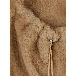 Beige Sleeveless Hooded Fur Jacket with Front Drawstring in Eco Fur for Women