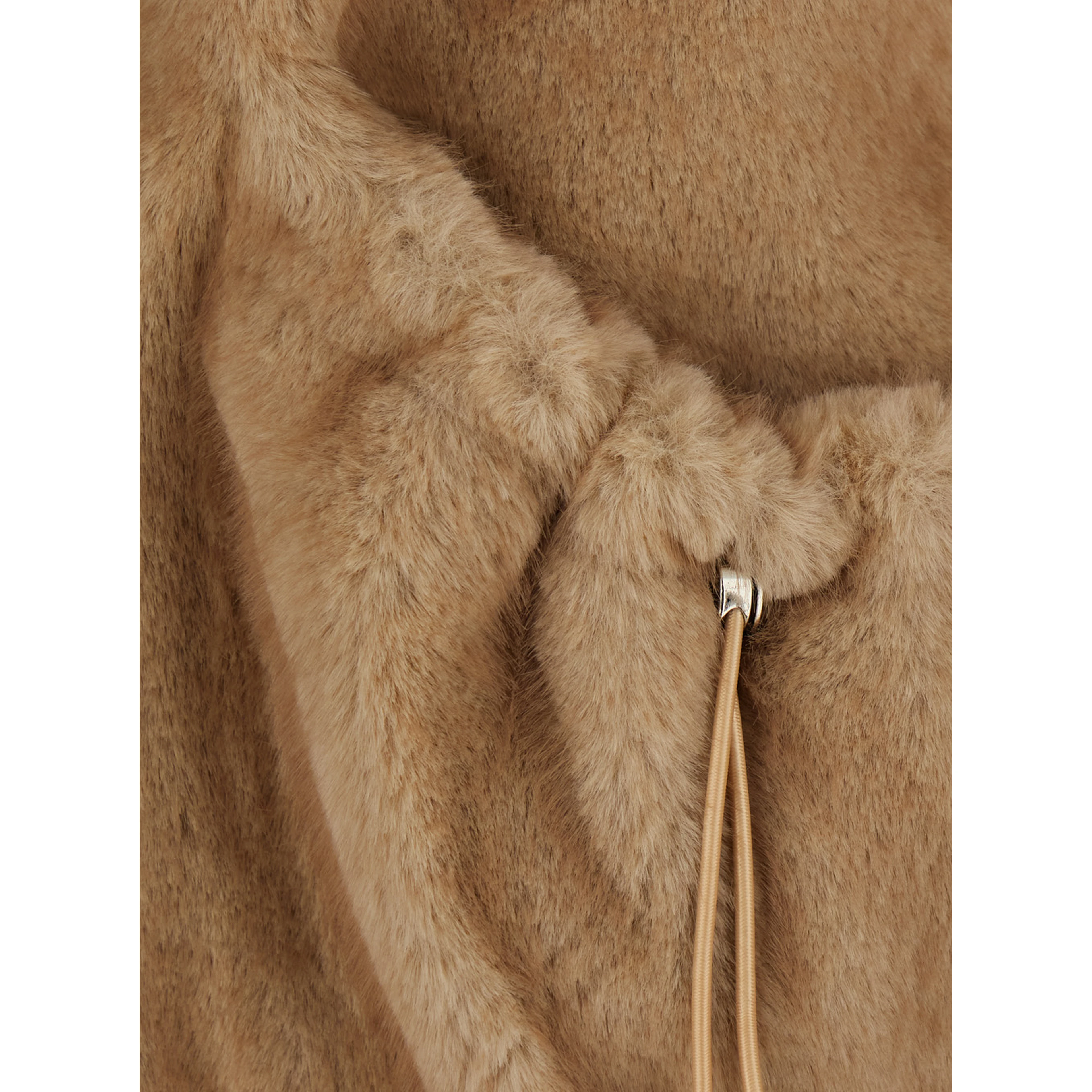 Beige Sleeveless Hooded Fur Jacket with Front Drawstring in Eco Fur for Women