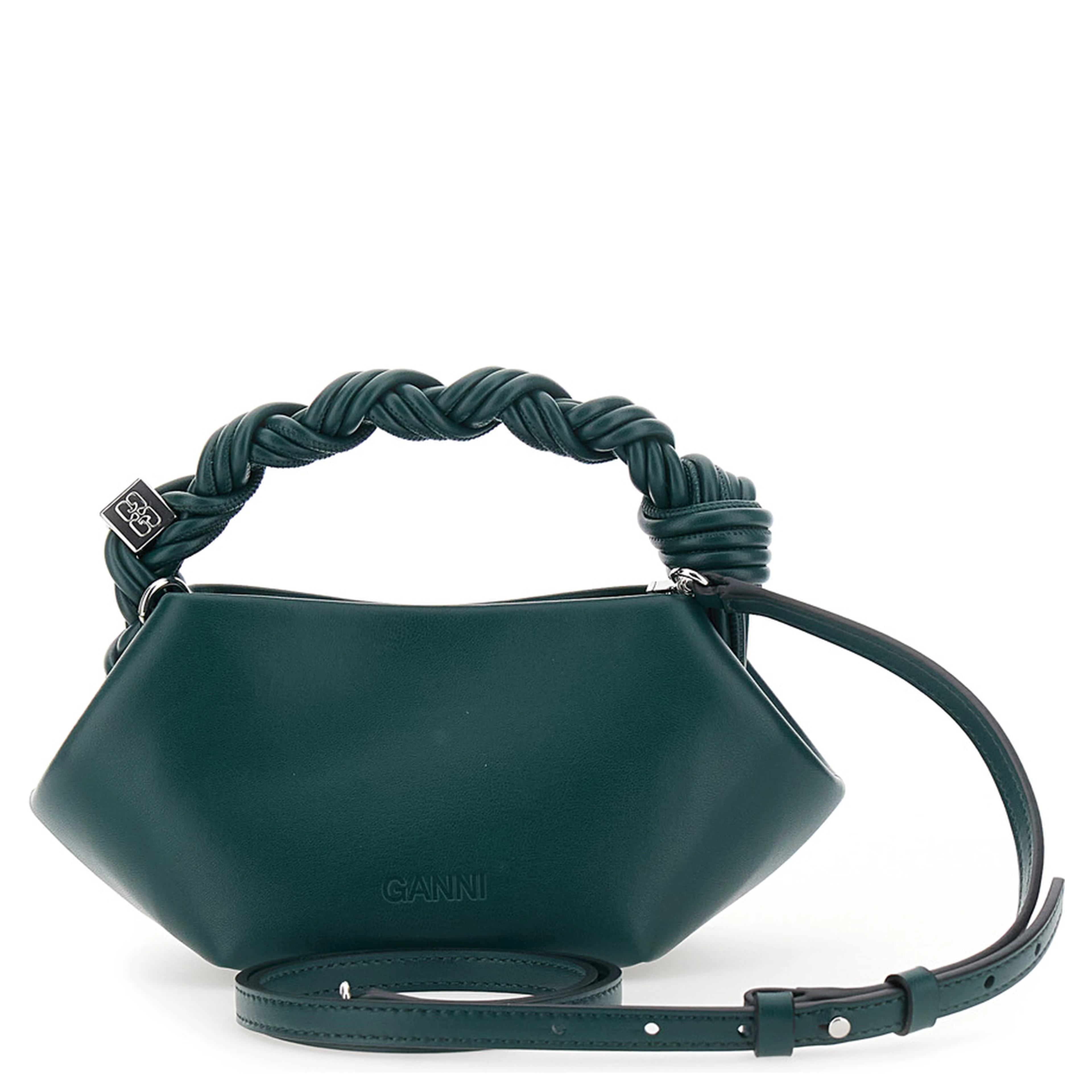 Bou Green Mini Handbag with woven handle and adjustable and removable strap in leather blend for women