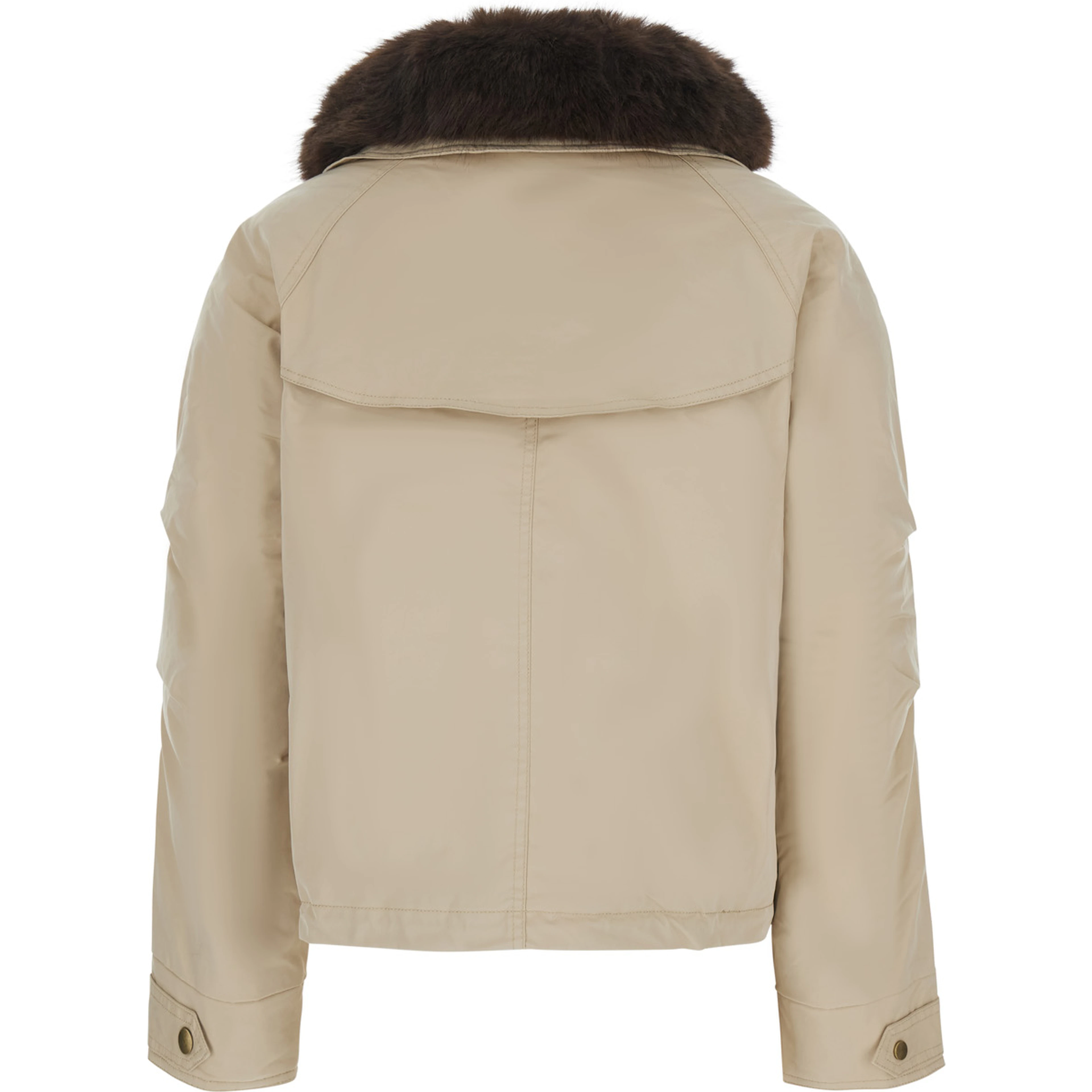 Beige fur coat with removable fur collar and off-centre front closure in Tech Fabric for women