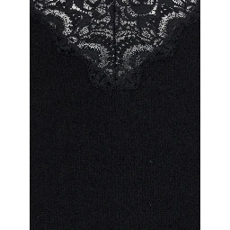 Black Sweater with V Neck with Lace Embroidery in Wool Blend for Women