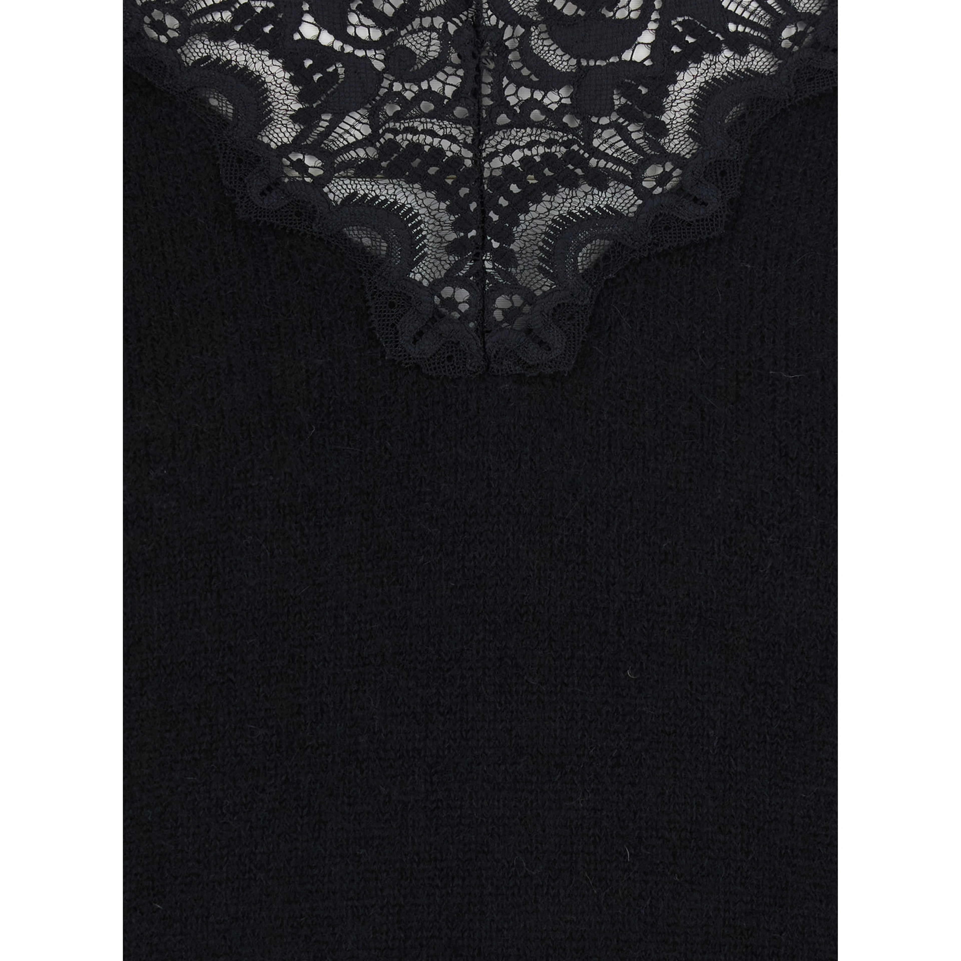 Black Sweater with V Neck with Lace Embroidery in Wool Blend for Women