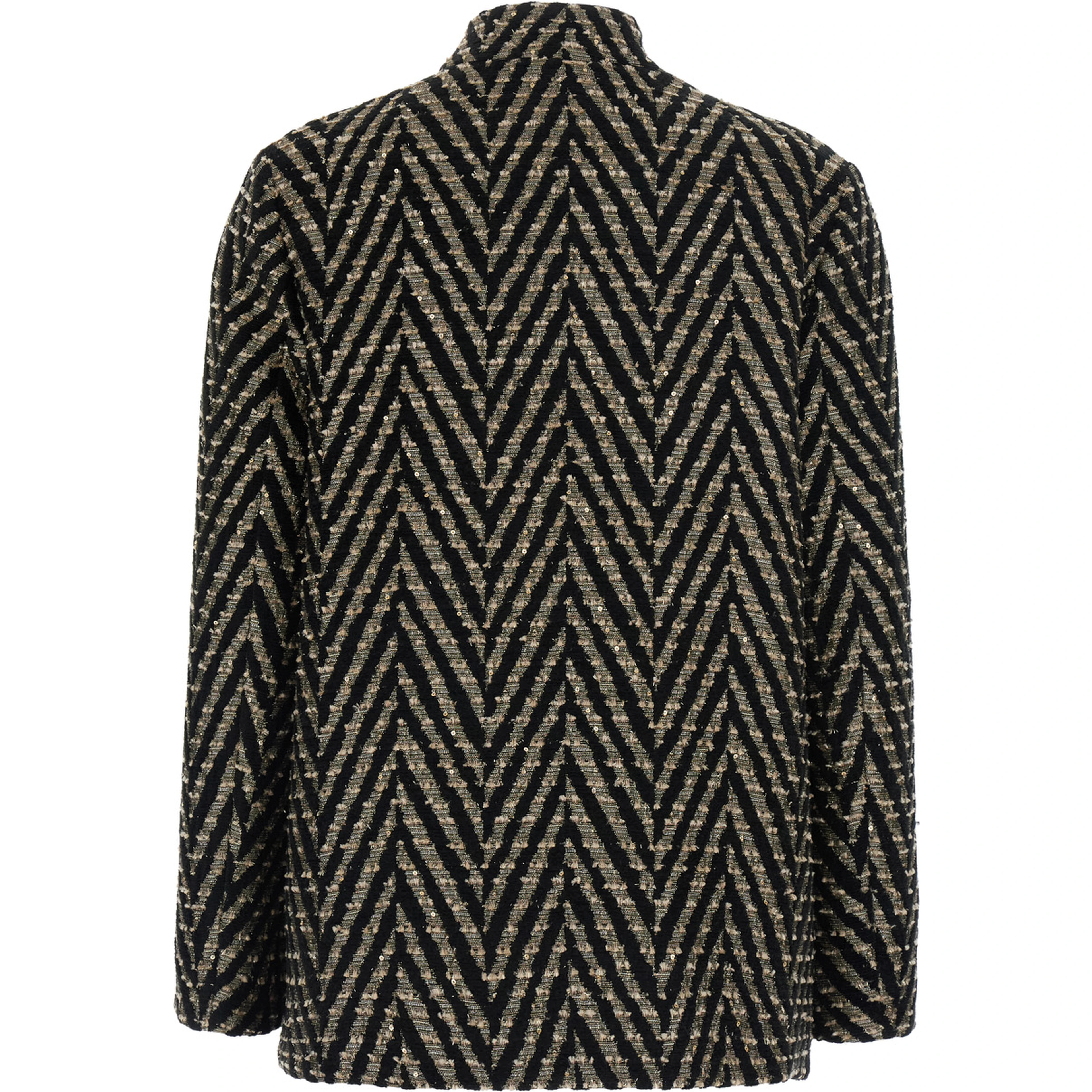 Black Oversized Jacket with Chevron Motif and Micro Sequins in Tech Fabric for Women