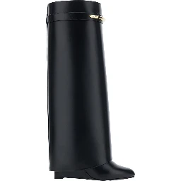 High Wedge Heeled Shark Pointed Boots with Logo Plate on the Front in Black Leather for Women