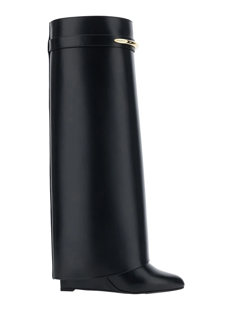 High Wedge Heeled Shark Pointed Boots with Logo Plate on the Front in Black Leather for Women