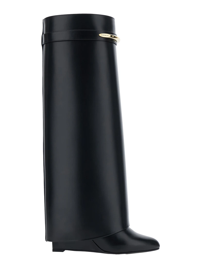 High Wedge Heeled Shark Pointed Boots with Logo Plate on the Front in Black Leather for Women