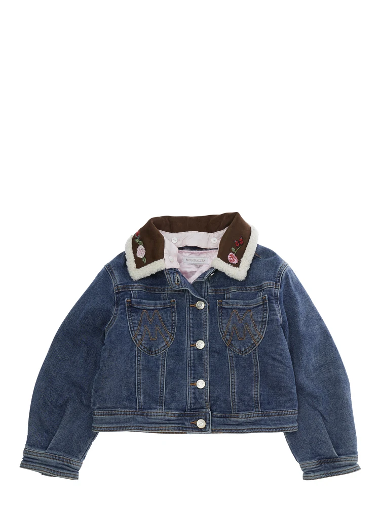 Blue Jacket with collar with embroidery and embroidery on the back in denim Girl