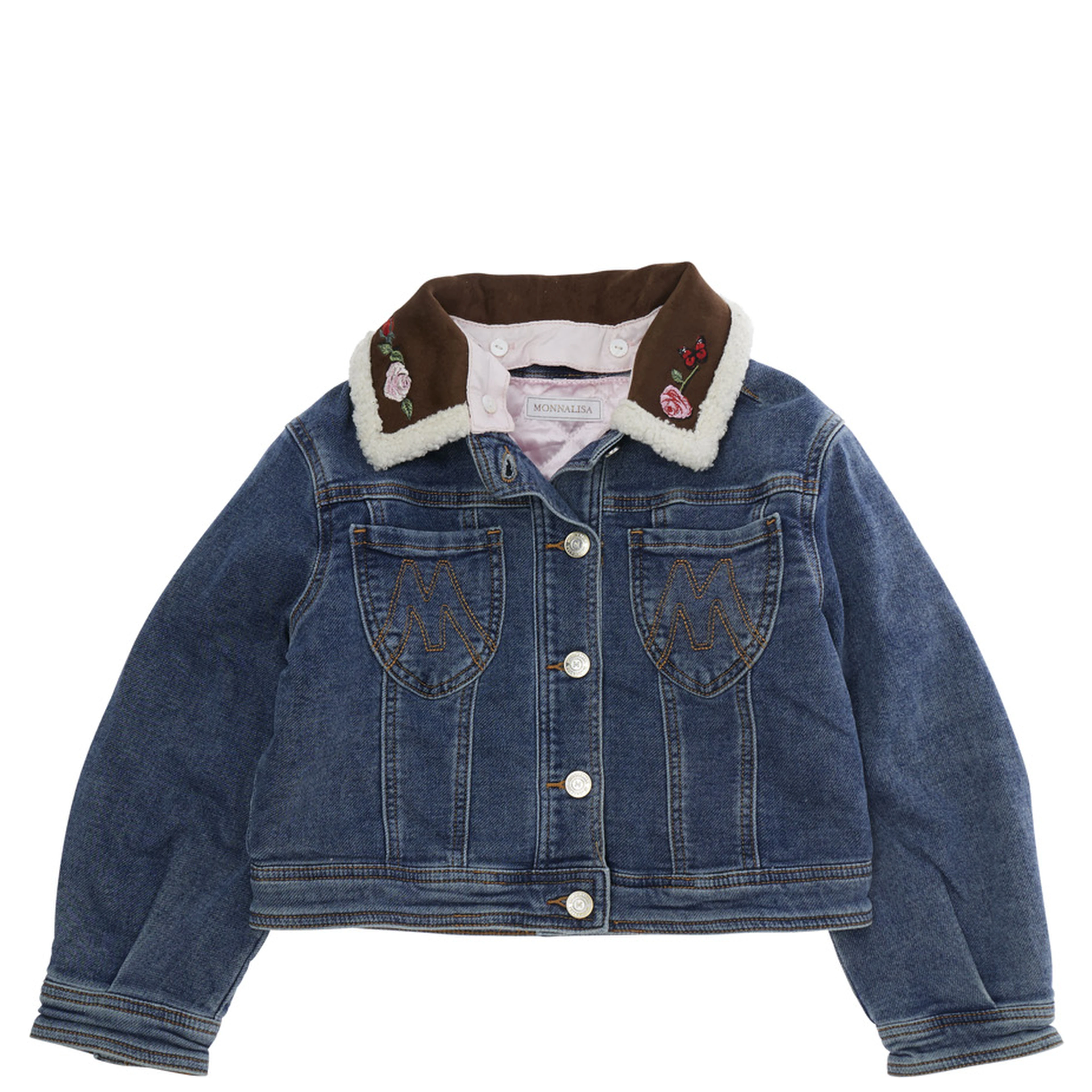 Blue Jacket with collar with embroidery and embroidery on the back in denim Girl