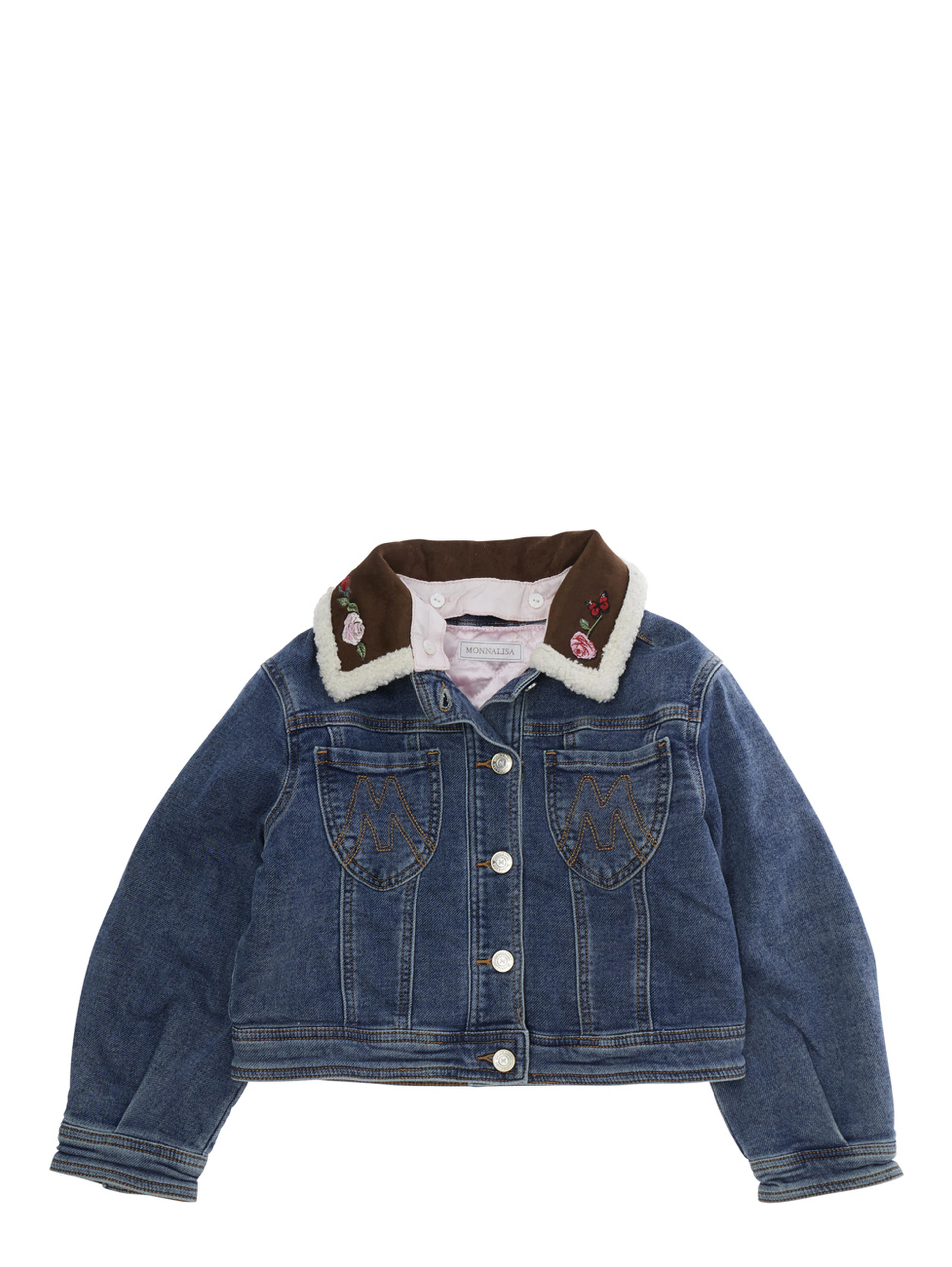 Blue Jacket with collar with embroidery and embroidery on the back in denim Girl