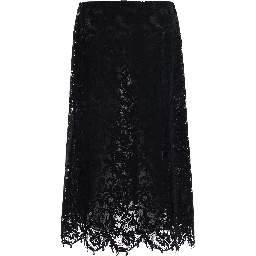 Black Midi Skirt with All-Over Lace Embroidery in Cotton Blend for Women