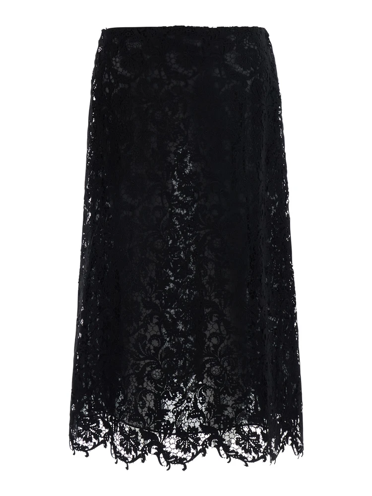 Black Midi Skirt with All-Over Lace Embroidery in Cotton Blend for Women