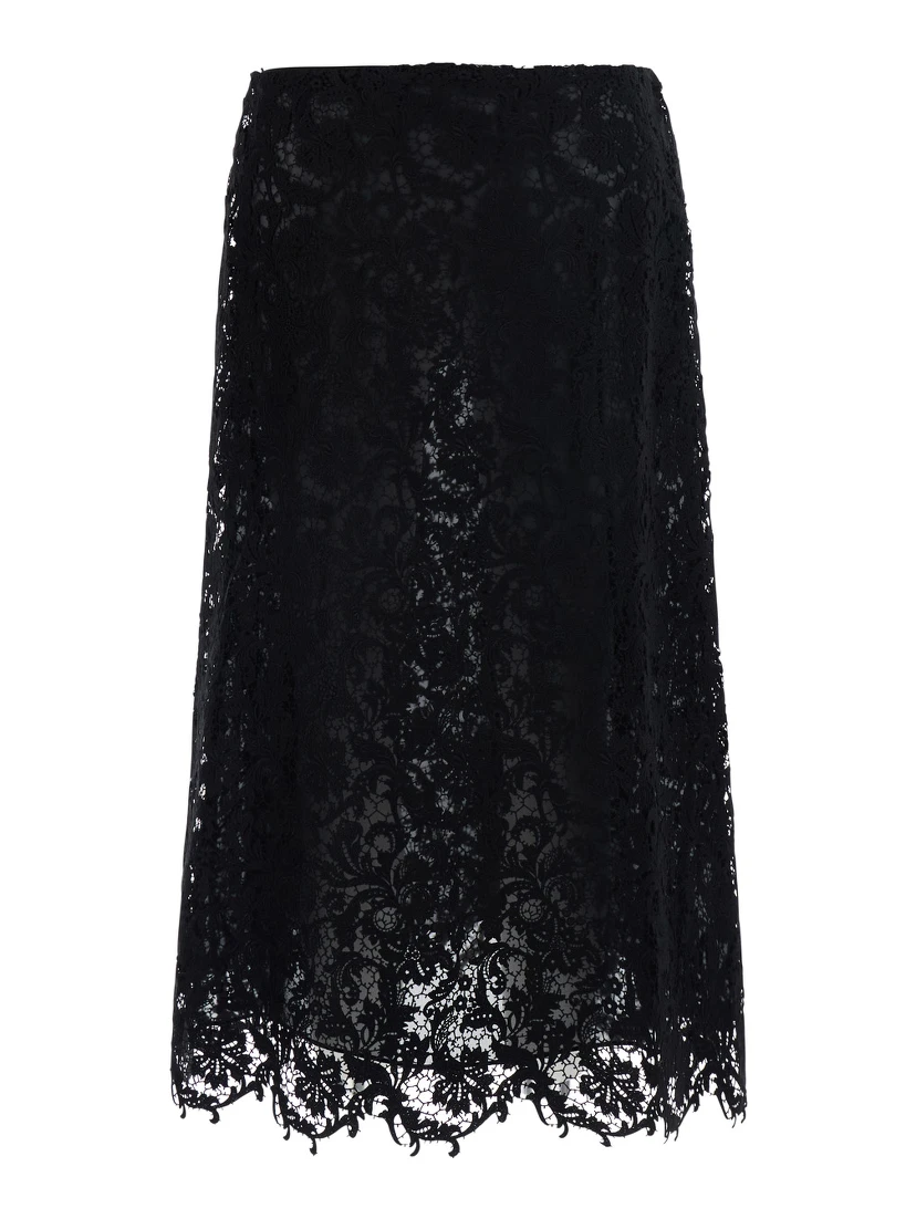 Black Midi Skirt with All-Over Lace Embroidery in Cotton Blend for Women