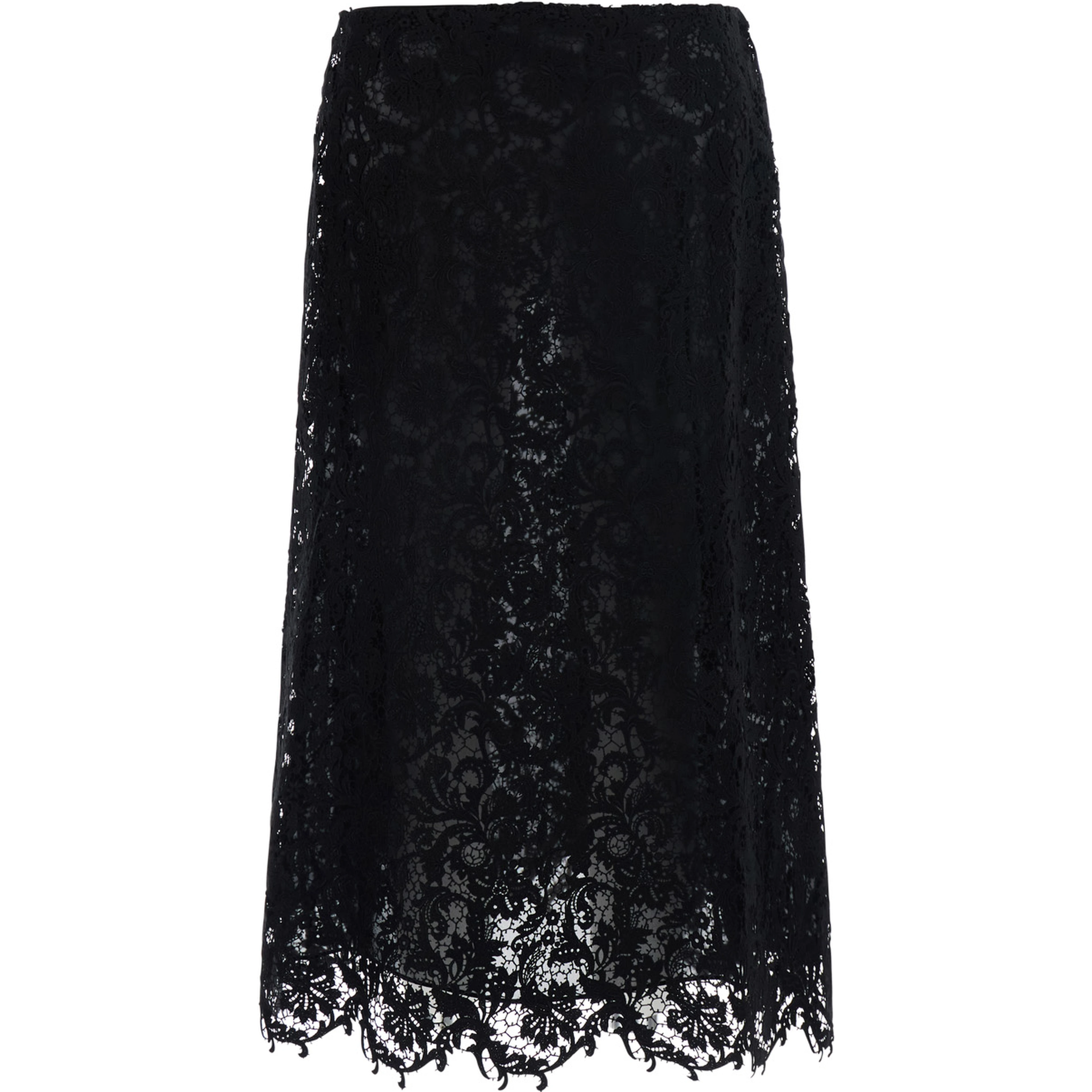 Black Midi Skirt with All-Over Lace Embroidery in Cotton Blend for Women