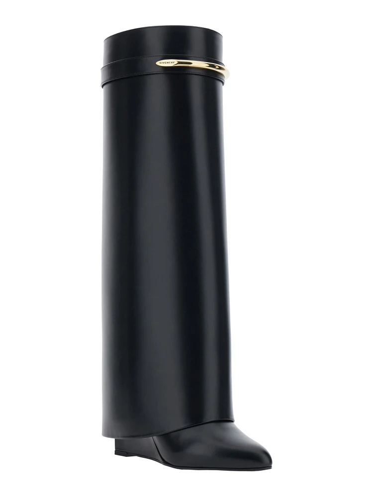 High Wedge Heeled Shark Pointed Boots with Logo Plate on the Front in Black Leather for Women alternative