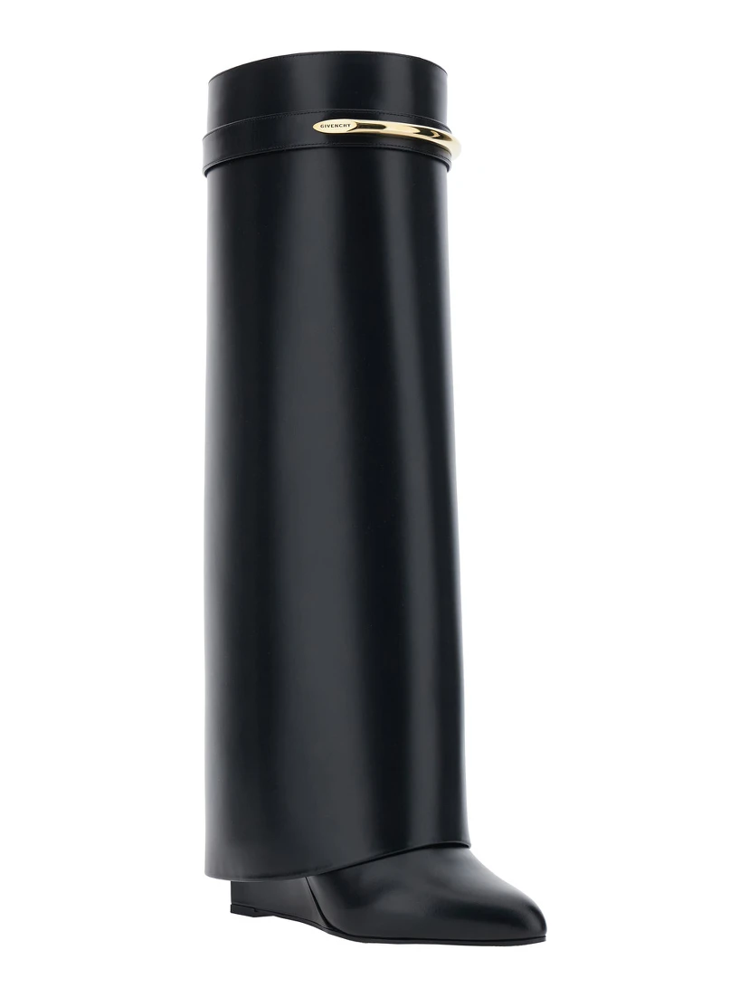 High Wedge Heeled Shark Pointed Boots with Logo Plate on the Front in Black Leather for Women