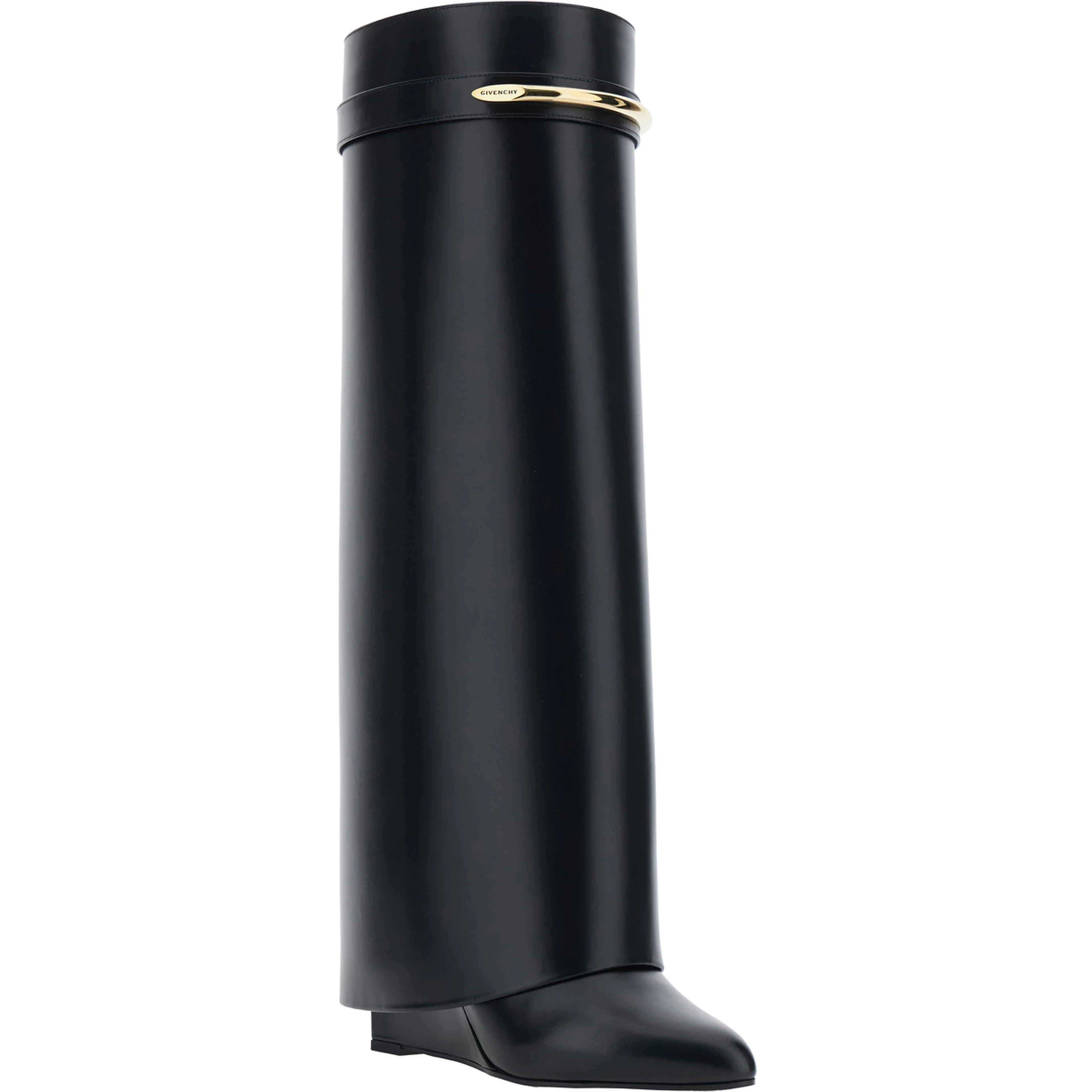 High Wedge Heeled Shark Pointed Boots with Logo Plate on the Front in Black Leather for Women