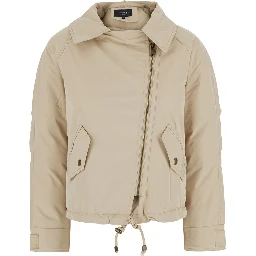 Beige fur coat with removable fur collar and off-centre front closure in Tech Fabric for women