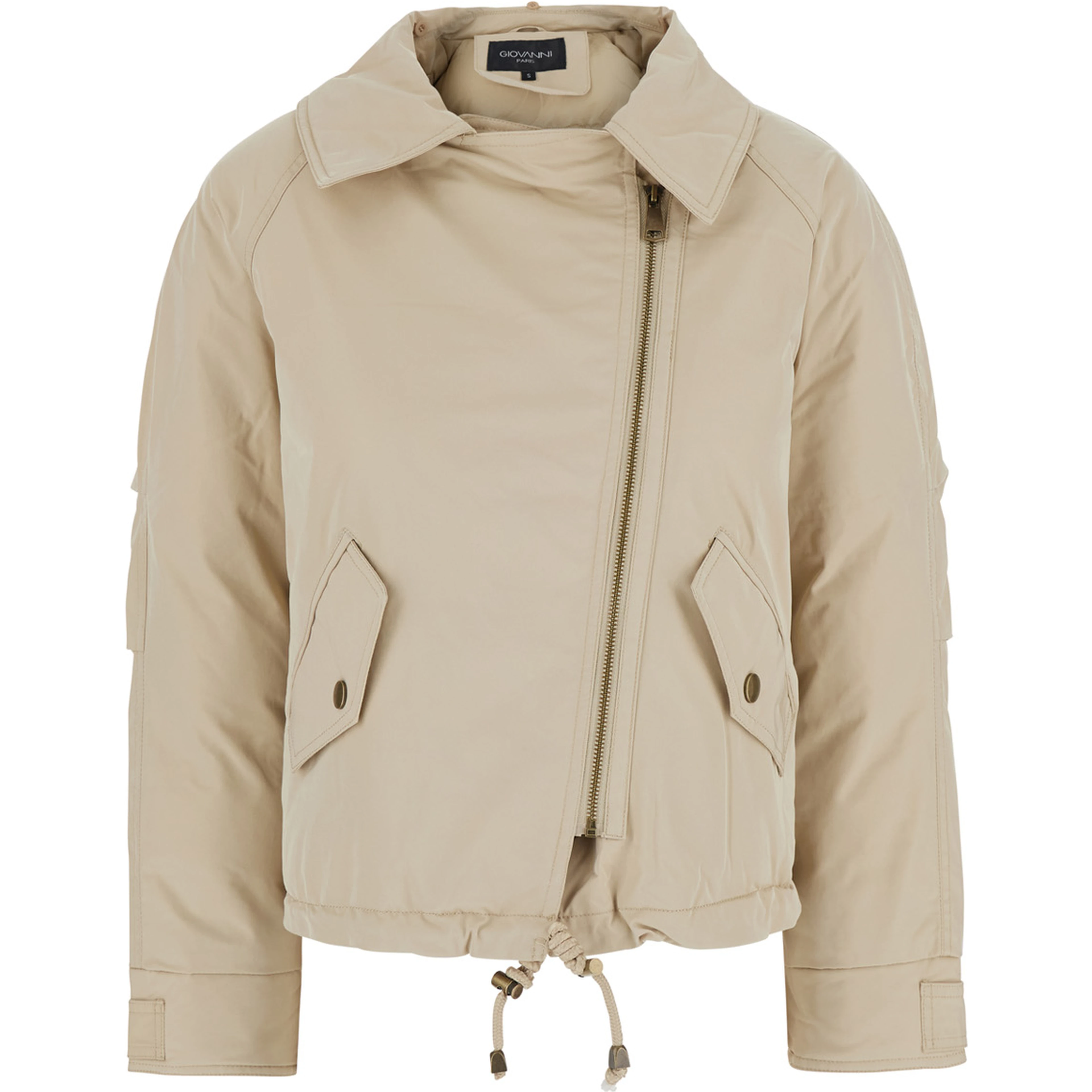 Beige fur coat with removable fur collar and off-centre front closure in Tech Fabric for women