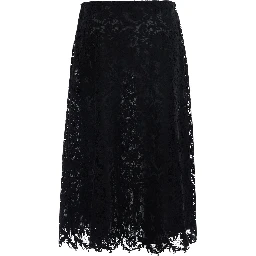 Black Midi Skirt with All-Over Lace Embroidery in Cotton Blend for Women