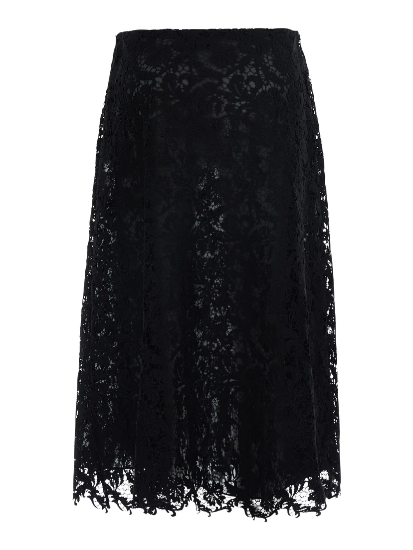 Black Midi Skirt with All-Over Lace Embroidery in Cotton Blend for Women