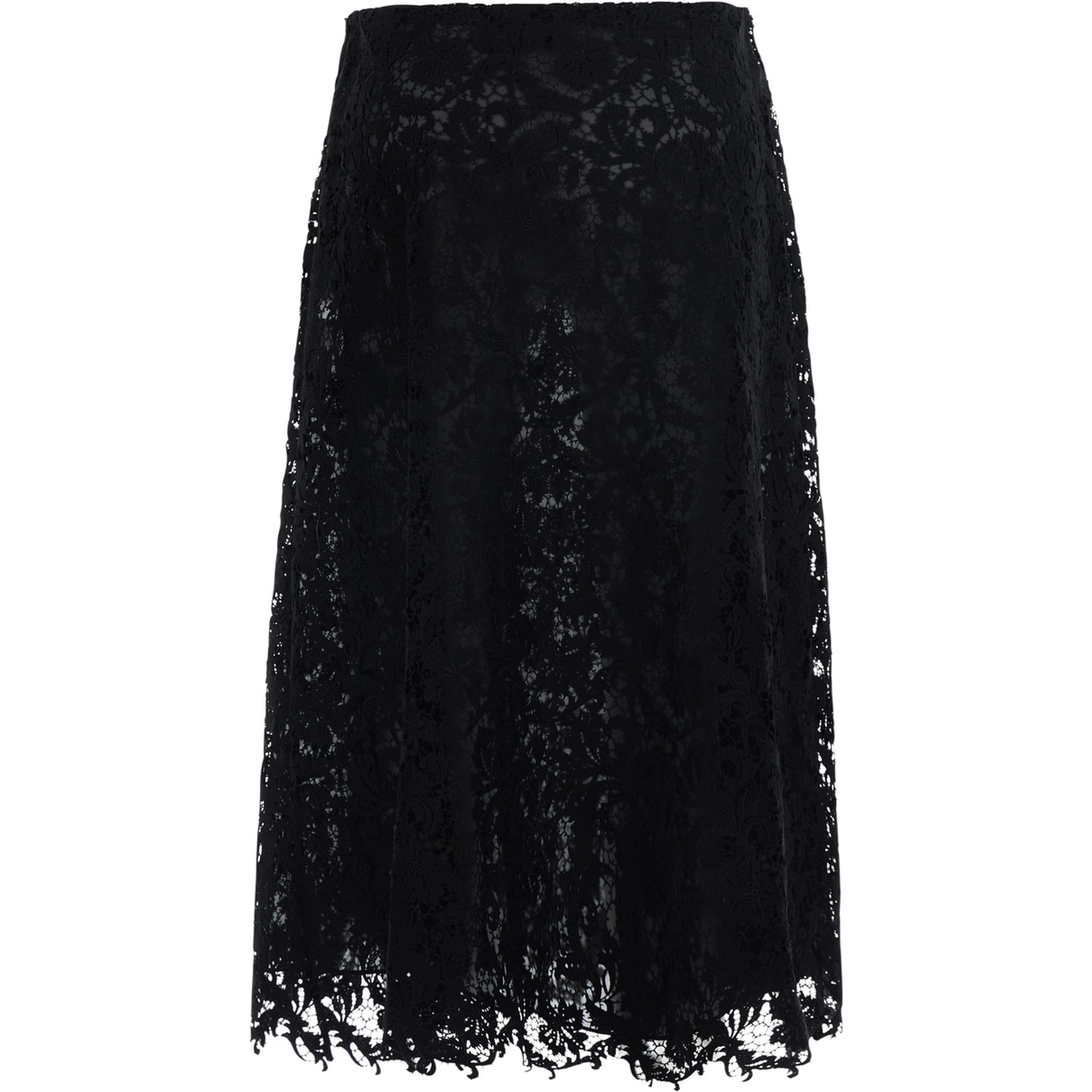 Black Midi Skirt with All-Over Lace Embroidery in Cotton Blend for Women