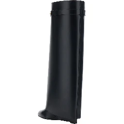 High Wedge Heeled Shark Pointed Boots with Logo Plate on the Front in Black Leather for Women