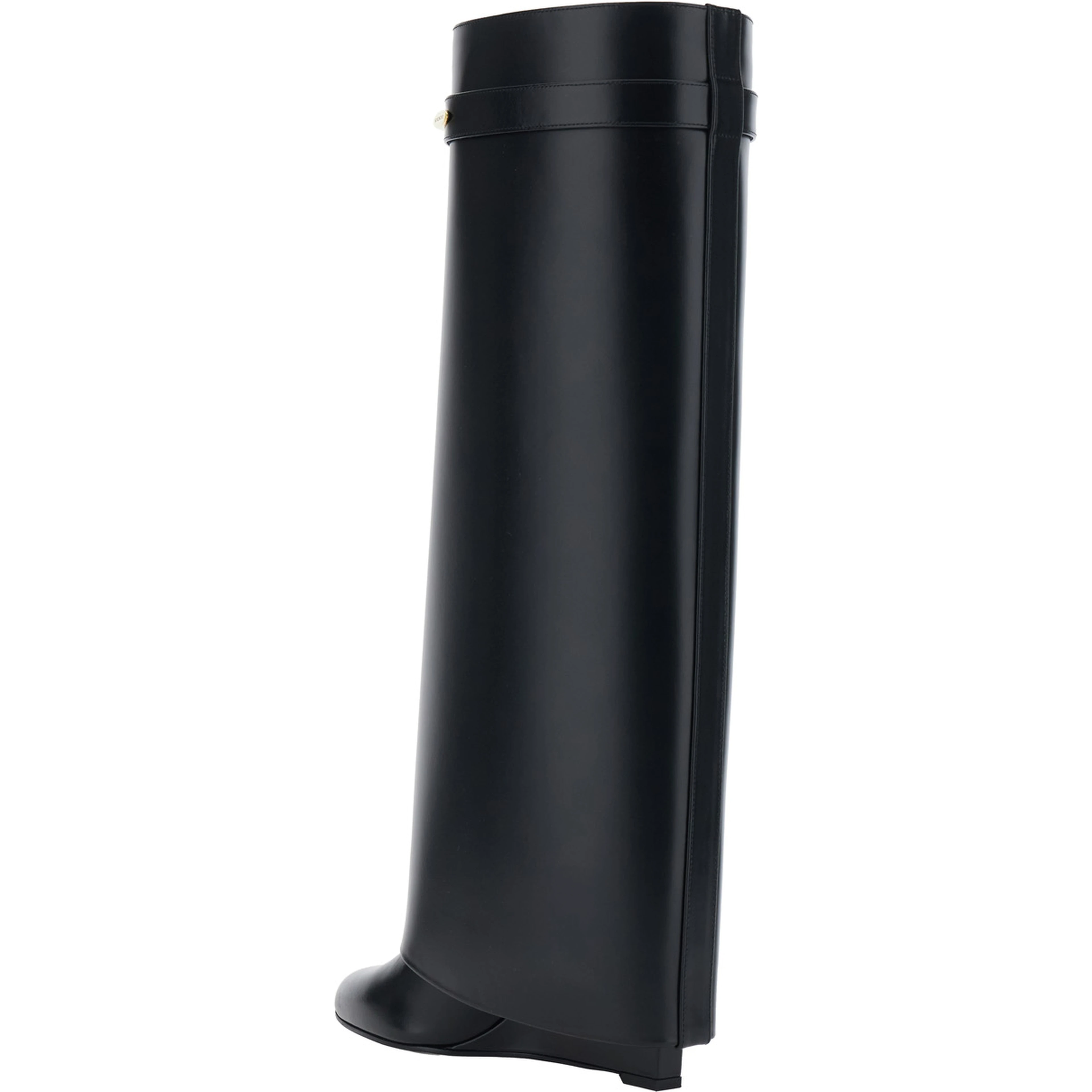 High Wedge Heeled Shark Pointed Boots with Logo Plate on the Front in Black Leather for Women