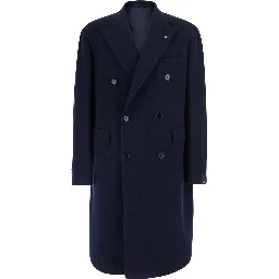 Blue Coat with Notched Revers and Button Front Closure in Wool Men