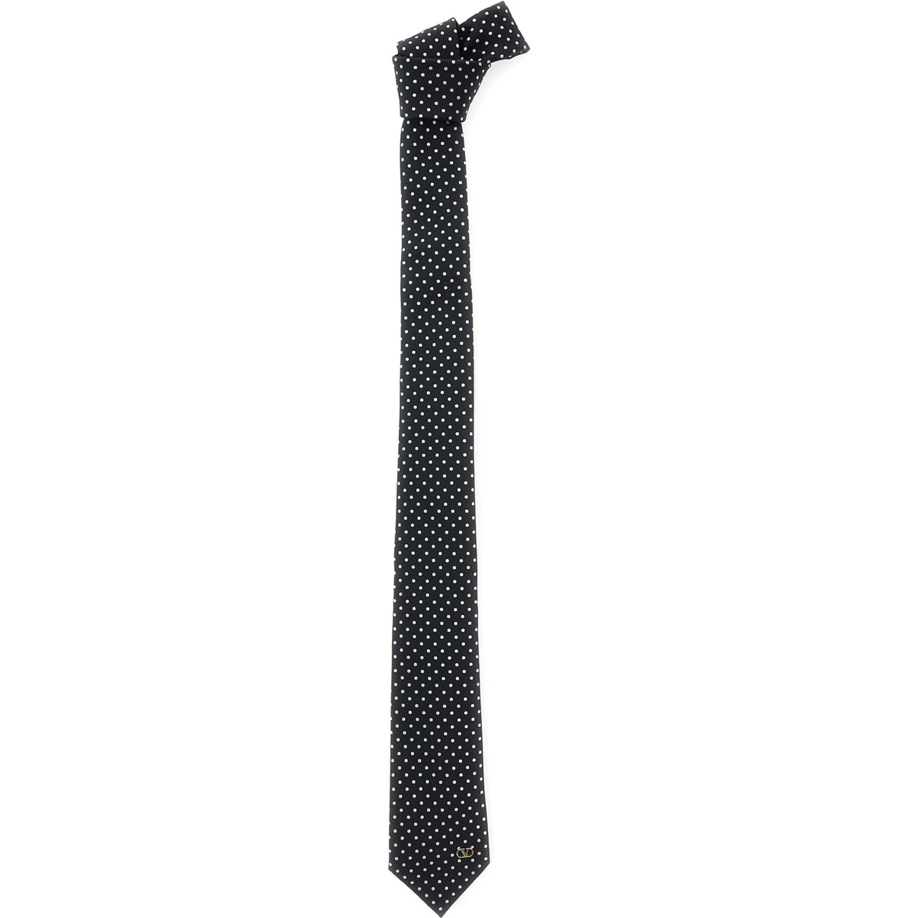 Black Tie with VLogo plaque on the front and all-over polka dot pattern in silk for men