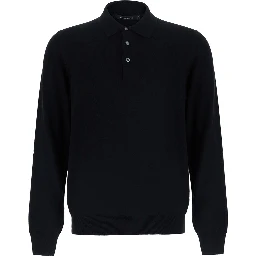 Black Sweater with Polo Style Collar in Wool Blend for Men