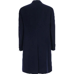 Blue Coat with Notched Revers and Button Front Closure in Wool Men