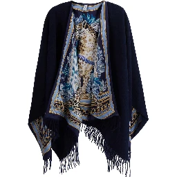 blue Cape with all-over print and frayed edges in cashmere and wool Women