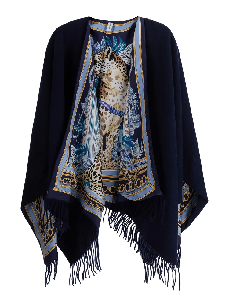 blue Cape with all-over print and frayed edges in cashmere and wool Women