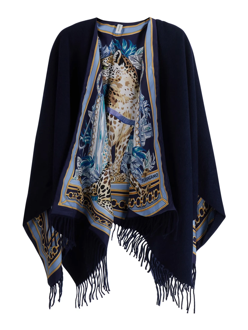 blue Cape with all-over print and frayed edges in cashmere and wool Women