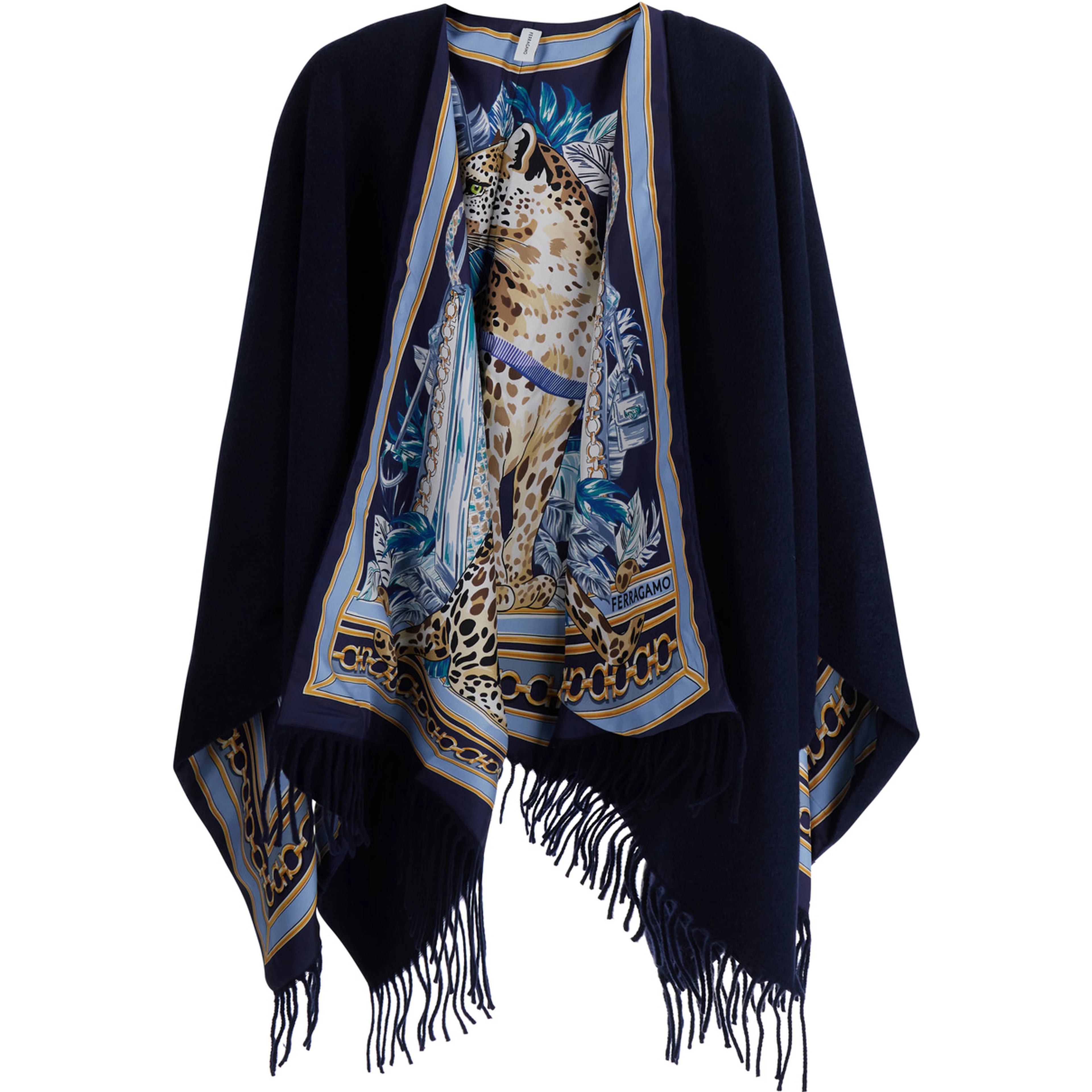 blue Cape with all-over print and frayed edges in cashmere and wool Women