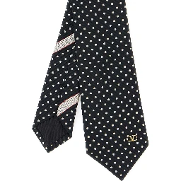 Black Tie with VLogo plaque on the front and all-over polka dot pattern in silk for men