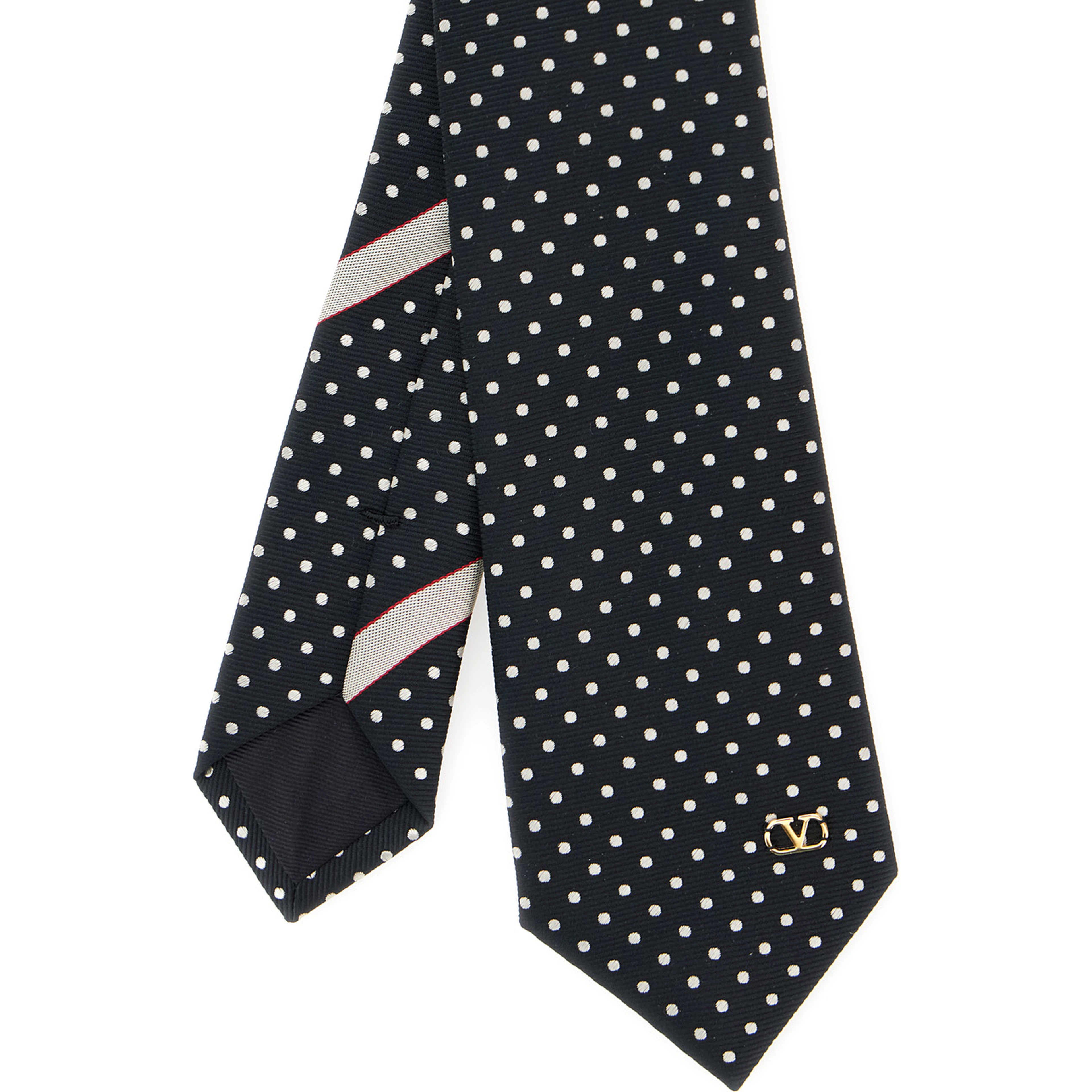 Black Tie with VLogo plaque on the front and all-over polka dot pattern in silk for men