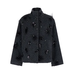 Grey High-Neck Coat with Sequin Application in Wool Blend women