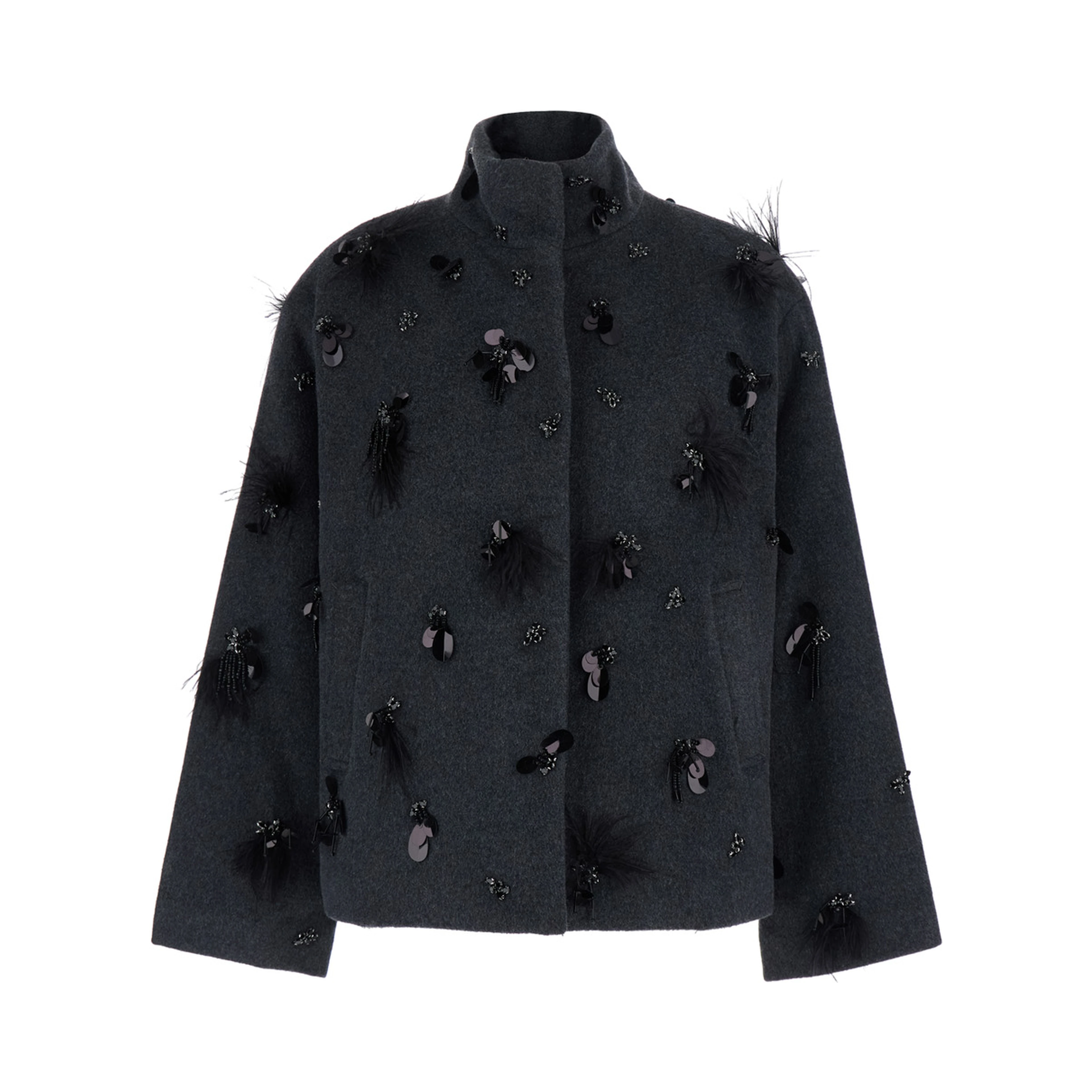 Grey High-Neck Coat with Sequin Application in Wool Blend women