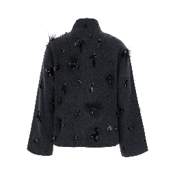 Grey High-Neck Coat with Sequin Application in Wool Blend women