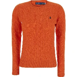 Julianna Orange crew neck Sweater with cable knit and Pony on the front in wool and cashmere for women